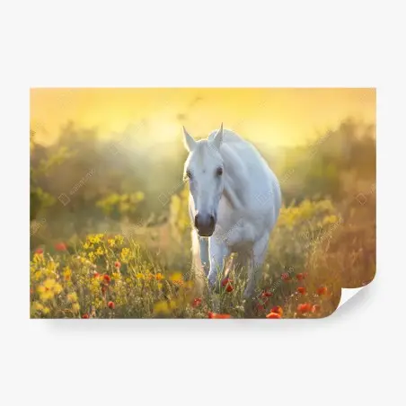 Papier peint cheval blanc dans un champ de coquelicots au lever du soleil – Wallnifity®
