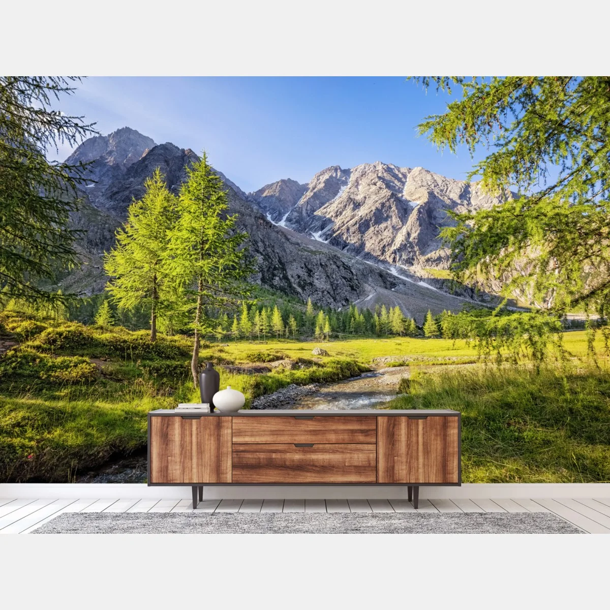 Papier peint oasis alpine entre ruisseau et sommets – Wallnifity® Papier peint oasis alpine entre ruisseau et sommets – Wallnifity®