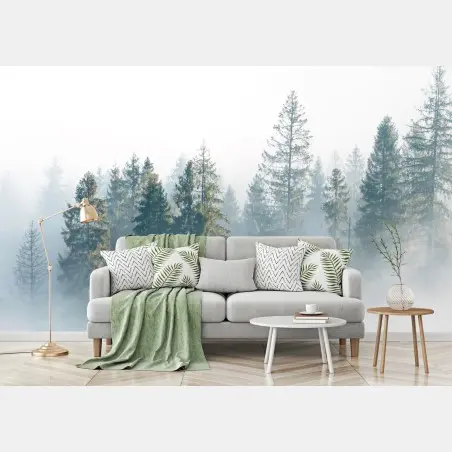 Papier peint brume matinale sur la forêt de sapins – Wallnifity®