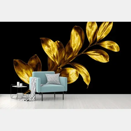 Papier peint branche de feuilles dorées sur fond noir – Wallnifity®