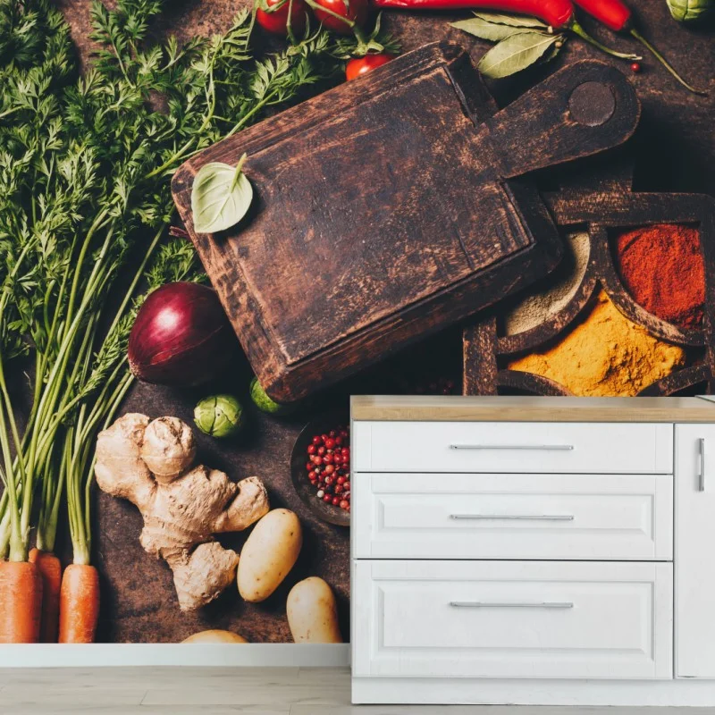 Papier peint composition rustique d'épices et de légumes colorés – Wallnifity® Papier peint composition rustique d'épices et de légumes colorés – Wallnifity®