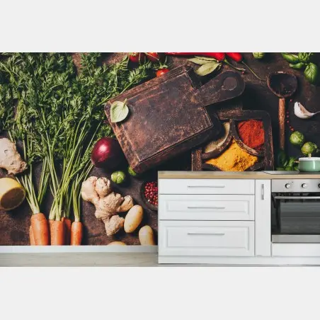 Papier peint composition rustique d'épices et de légumes colorés – Wallnifity®