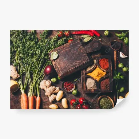 Papier peint composition rustique d'épices et de légumes colorés – Wallnifity®