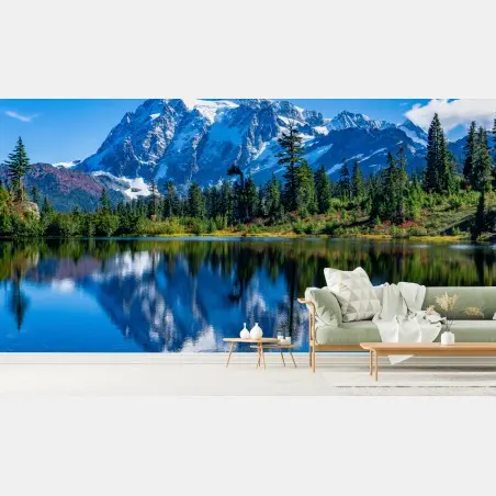 Papier peint reflets d'un sommet enneigé sur un lac alpin – Wallnifity®
