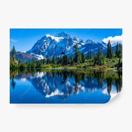 Papier peint reflets d'un sommet enneigé sur un lac alpin – Wallnifity®