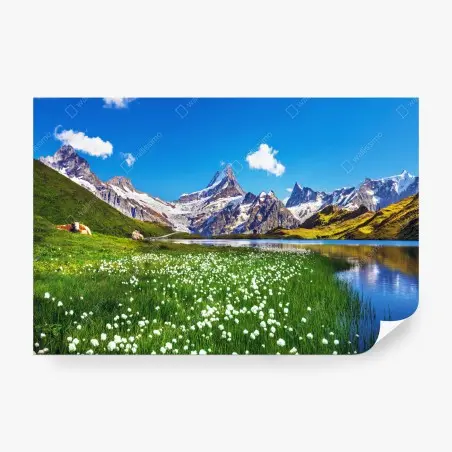 Papier peint pause alpine: panorama montagneux et lac cristallin – Wallnifity®