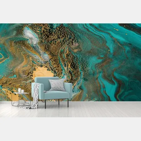 Papier peint abstraction marine dorée et turquoise – Wallnifity®