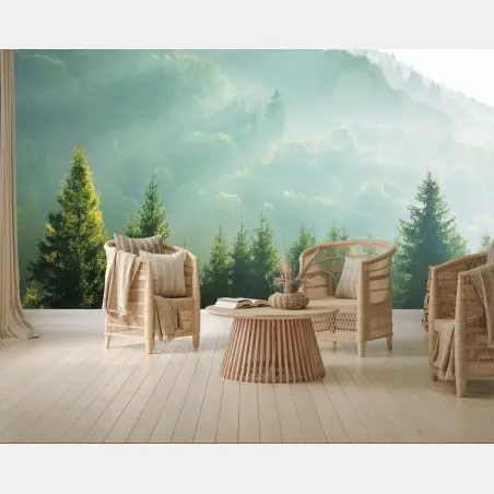 Papier peint brume matinale sur sapins – Wallnifity®