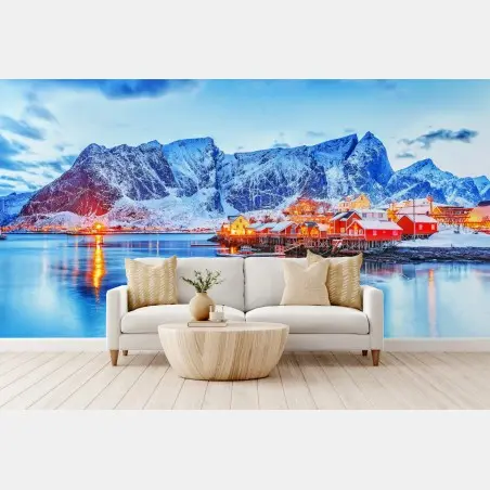 Papier peint village côtier scandinave au crépuscule – Wallnifity®