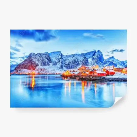 Papier peint village côtier scandinave au crépuscule – Wallnifity®