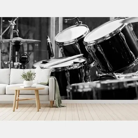 Papier peint batterie en gros plan noir et blanc – Wallnifity®