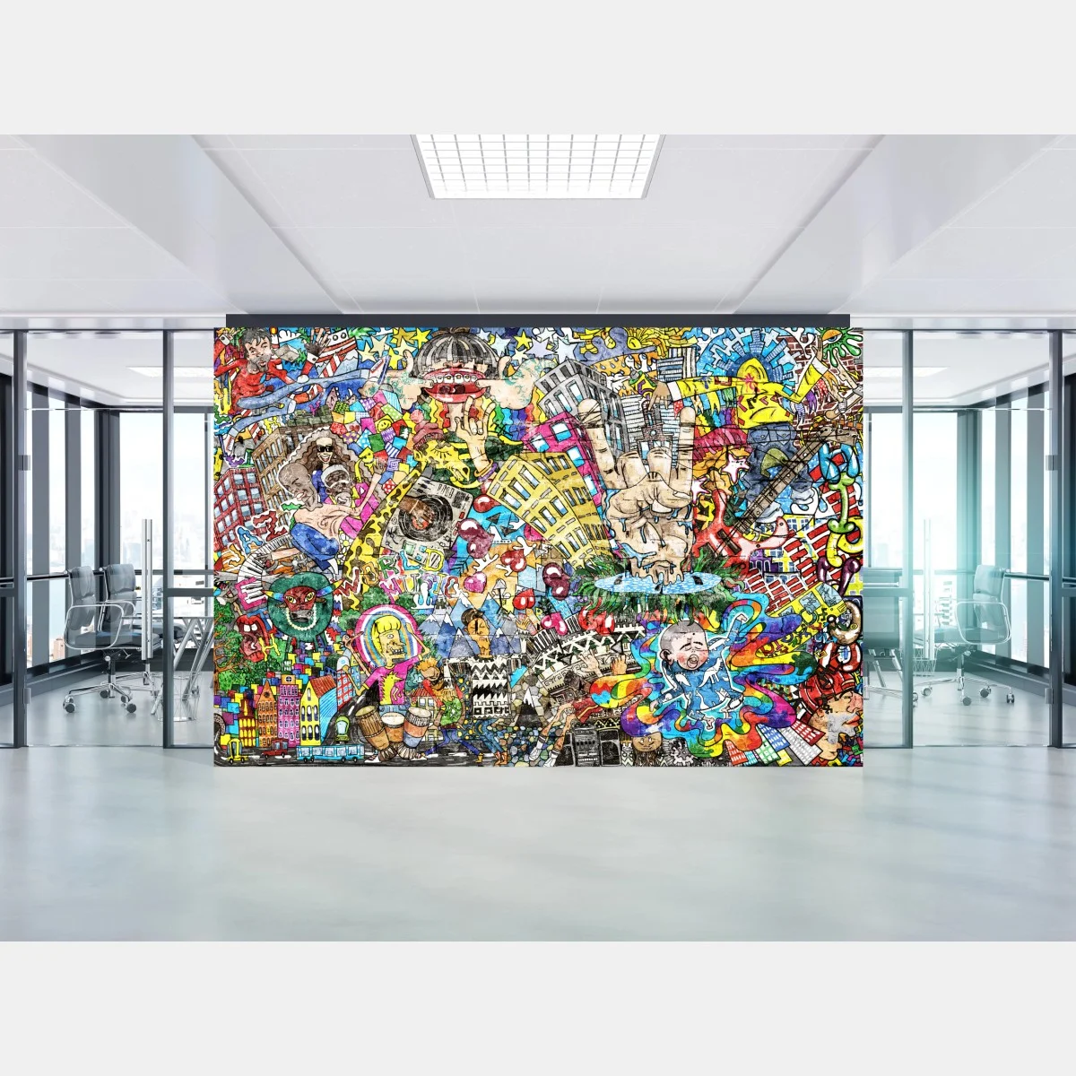 Papier peint fresque urbaine multicolore : collage musical et psychédélique – Wallnifity® Papier peint fresque urbaine multicolore : collage musical et psychédélique – Wallnifity®