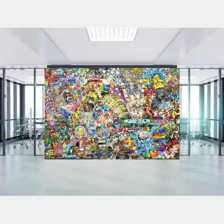 Papier peint fresque urbaine multicolore : collage musical et psychédélique – Wallnifity®