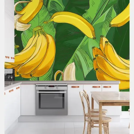 Papier peint motif de bananes tropicales sur feuillage – Wallnifity®