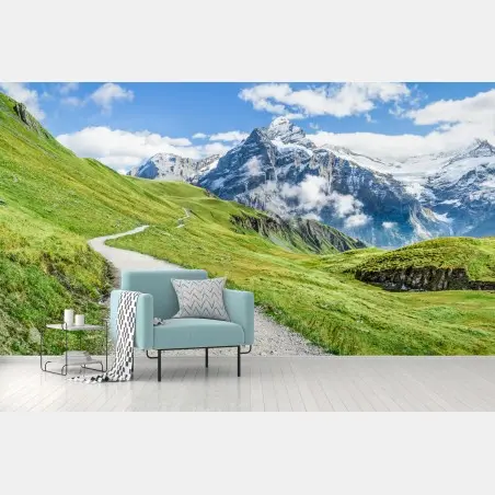 Papier peint sentier alpin sinueux vers les Alpes enneigées – Wallnifity®