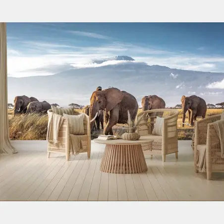 Papier peint troupeau d'éléphants devant le Kilimandjaro – Wallnifity®