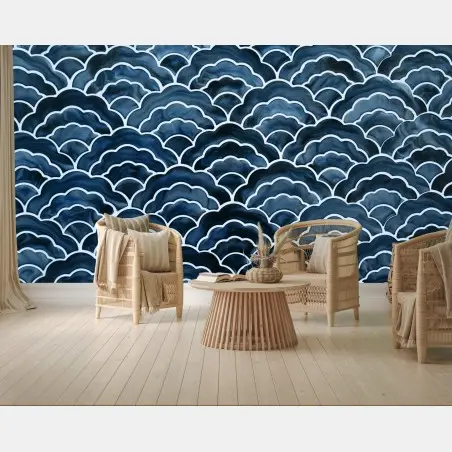 Papier peint motif de vagues japonaises bleu marine – Wallnifity®
