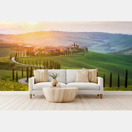 Papier peint route sinueuse de Toscane au coucher de soleil – Wallnifity®