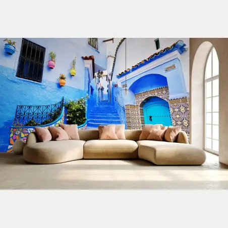 Papier peint ruelle bleue et porte turquoise de Chefchaouen – Wallnifity®