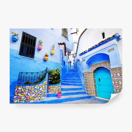Papier peint ruelle bleue et porte turquoise de Chefchaouen – Wallnifity®
