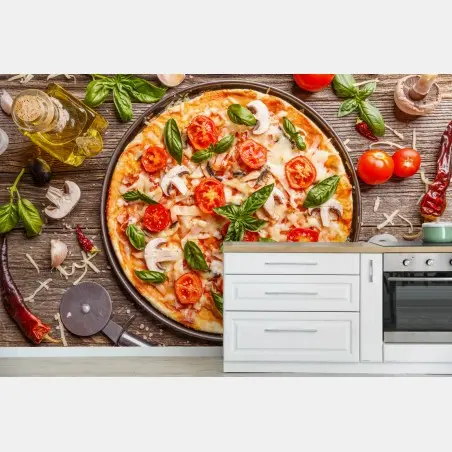 Papier peint pizza italienne rustique sur fond en bois – Wallnifity®