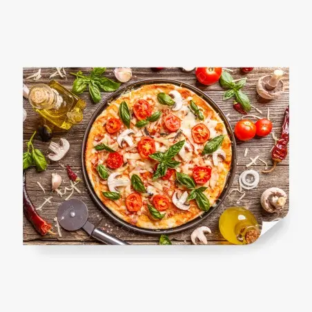 Papier peint pizza italienne rustique sur fond en bois – Wallnifity®