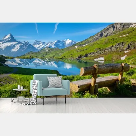 Papier peint banc rustique face aux montagnes enneigées – Wallnifity®