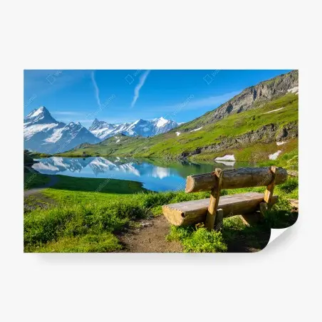Papier peint banc rustique face aux montagnes enneigées – Wallnifity®