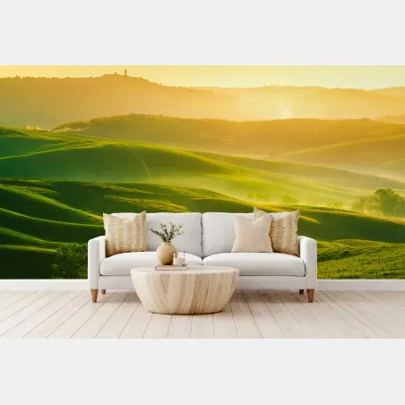 Papier peint collines verdoyantes de la Toscane au lever du soleil – Wallnifity®