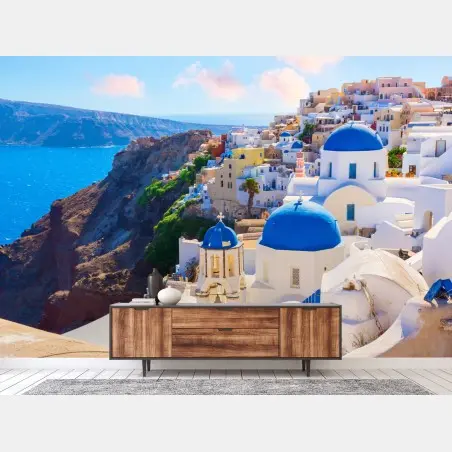Papier peint Oia, Santorin : village aux dômes bleus – Wallnifity®