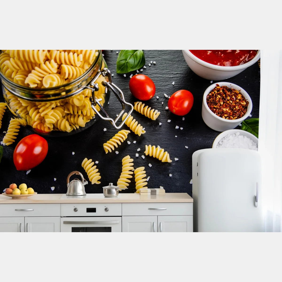 Papier peint composition de pâtes fusilli et ingrédients méditerranéens – Wallnifity® Papier peint composition de pâtes fusilli et ingrédients méditerranéens – Wallnifity®