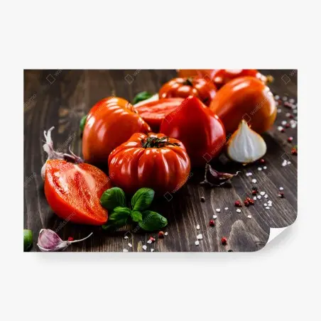Papier peint composition gourmande de tomates et basilic sur fond en bois – Wallnifity®