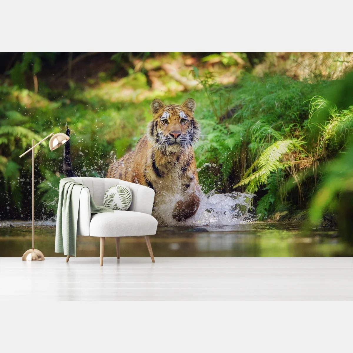 Papier peint tigre en pleine course dans la rivière – Wallnifity® Papier peint tigre en pleine course dans la rivière – Wallnifity®