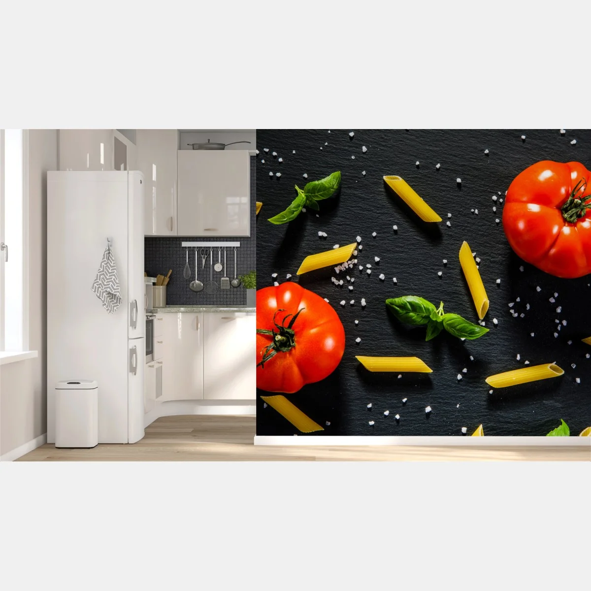 Papier peint composition gourmande tomates, pâtes et basilic – Wallnifity® Papier peint composition gourmande tomates, pâtes et basilic – Wallnifity®
