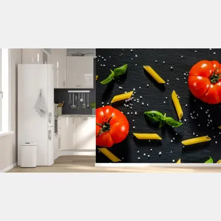 Papier peint composition gourmande tomates, pâtes et basilic – Wallnifity®