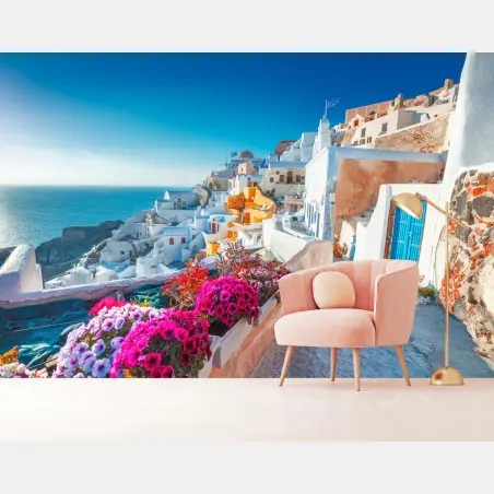 Papier peint ruelle ensoleillée à Santorin – Wallnifity®