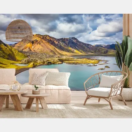 Papier peint lumières d'Islande : lac turquoise et montagnes – Wallnifity®