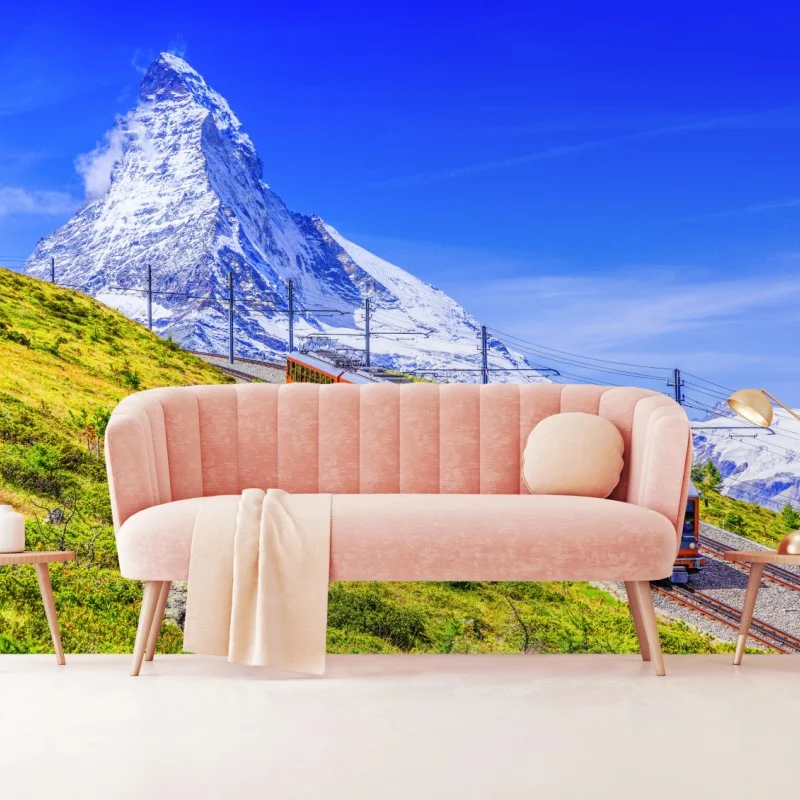 Papier peint train rouge de Gornergrat devant le Cervin à Zermatt – Wallnifity®