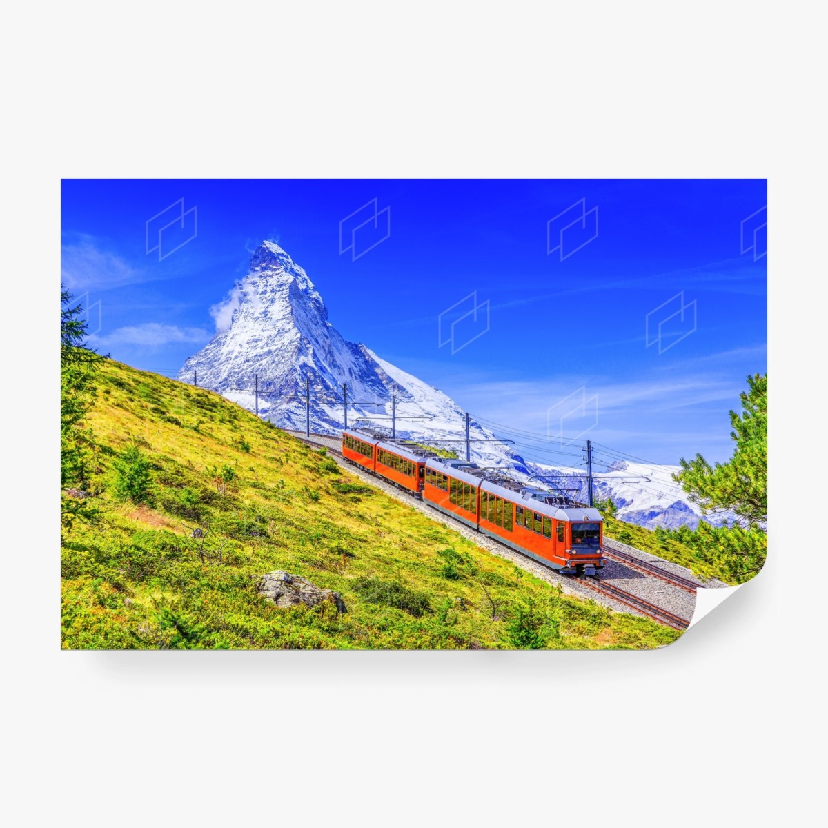 Papier peint train rouge de Gornergrat devant le Cervin à Zermatt – Wallnifity®