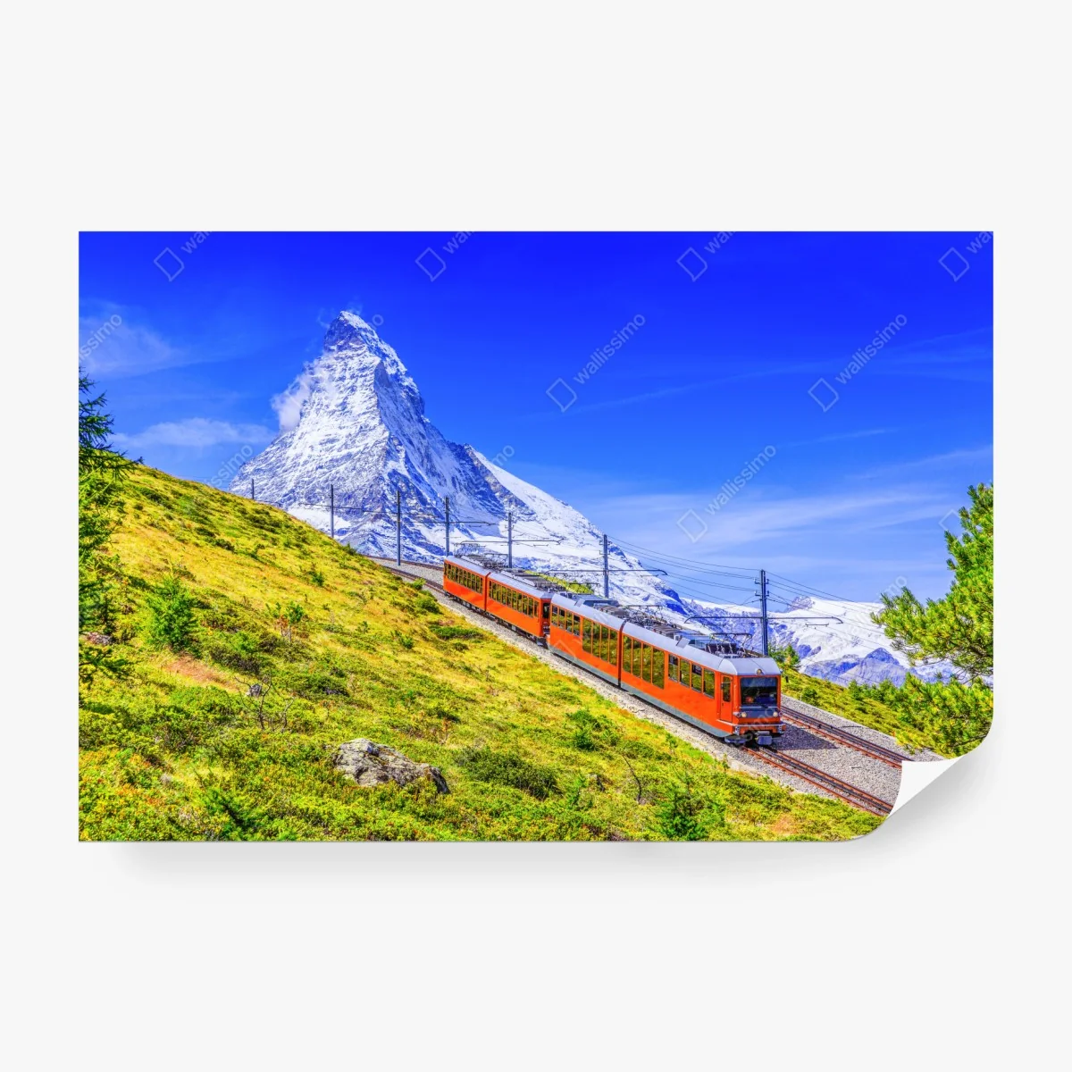 Papier peint train rouge de Gornergrat devant le Cervin à Zermatt – Wallnifity®
