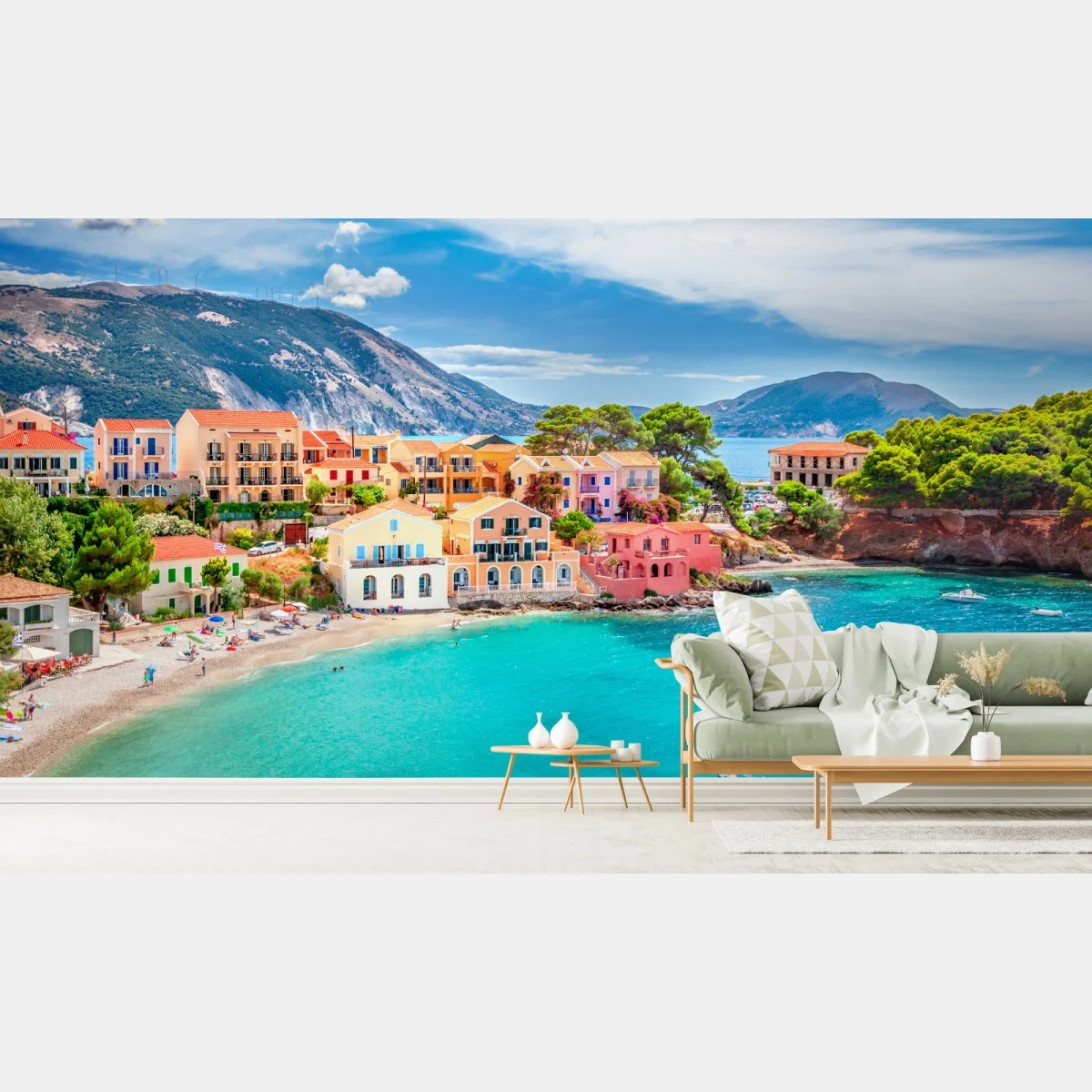 Papier peint village côtier coloré d'Assos, Céphalonie – Wallnifity® Papier peint village côtier coloré d'Assos, Céphalonie – Wallnifity®