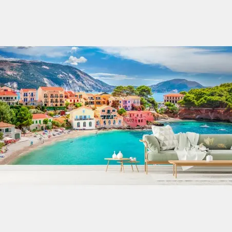 Papier peint village côtier coloré d'Assos, Céphalonie – Wallnifity®
