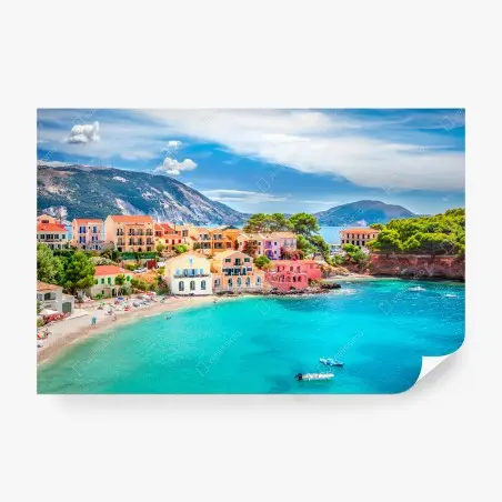 Papier peint village côtier coloré d'Assos, Céphalonie – Wallnifity®