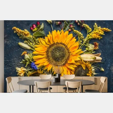 Papier peint composition de tournesols et fleurs d'automne sur fond sombre – Wallnifity®