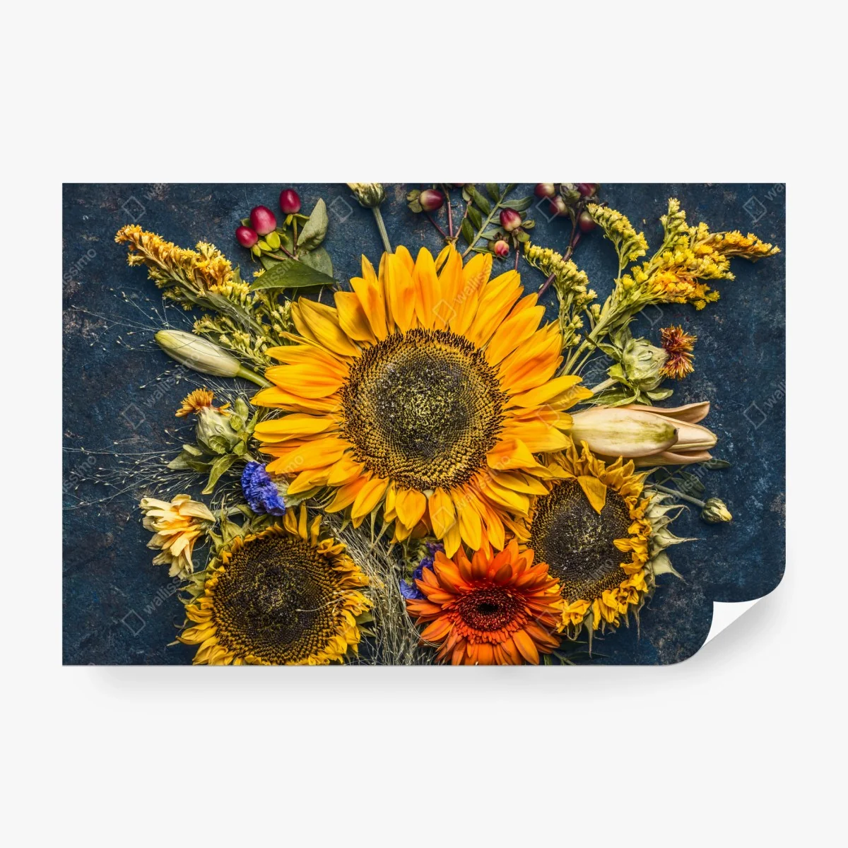Papier peint composition de tournesols et fleurs d'automne sur fond sombre – Wallnifity®