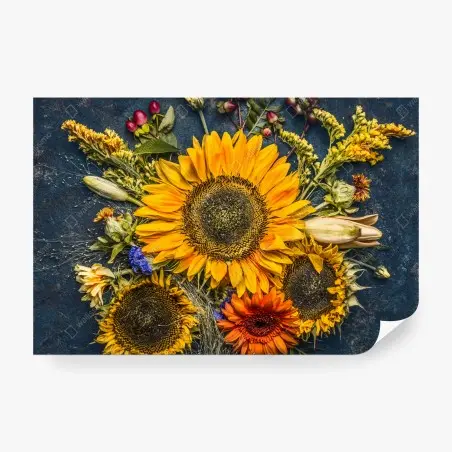 Papier peint composition de tournesols et fleurs d'automne sur fond sombre – Wallnifity®