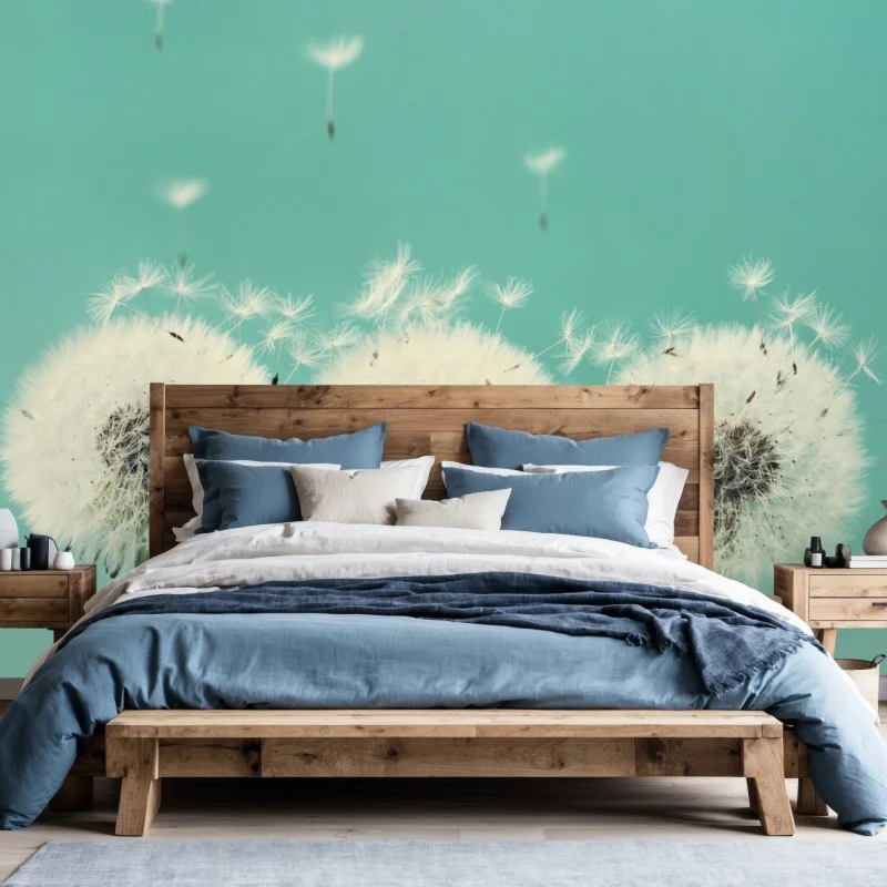 Papier peint souffle de pissenlits sur fond turquoise – Wallnifity®