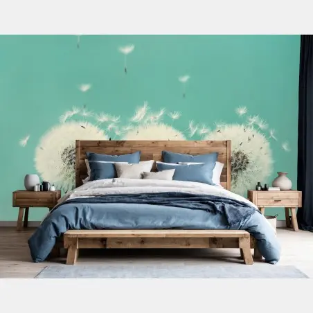Papier peint souffle de pissenlits sur fond turquoise – Wallnifity®