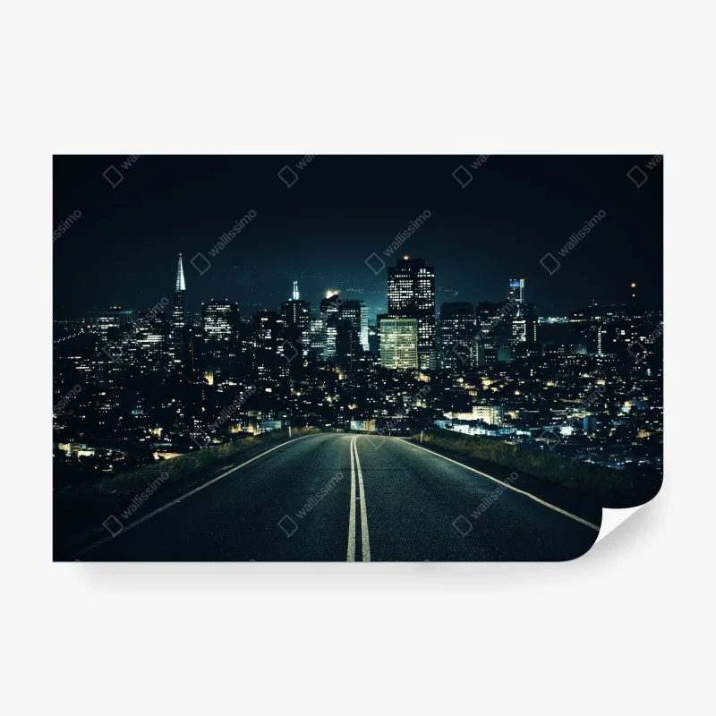 Papier peint route vers la ville illuminée – Wallnifity®