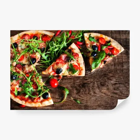 Papier peint pizza gourmande sur table rustique – Wallnifity®
